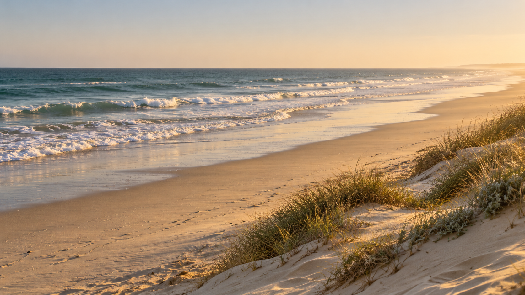Playa atlántica y dunas al atardecer · Propuesta visual generada con IA