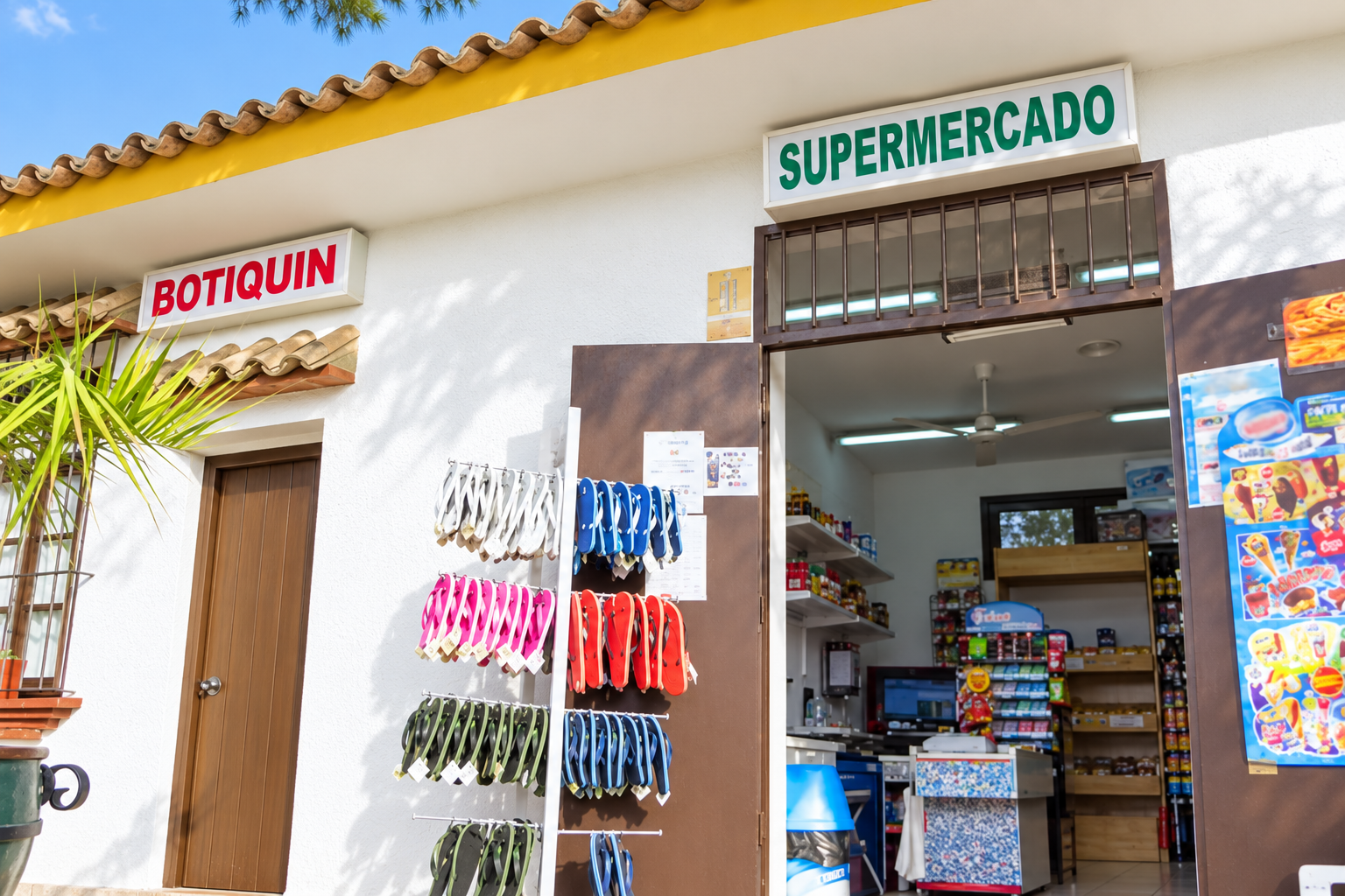 Entrada del supermercado del camping, fotografía mejorada con IA